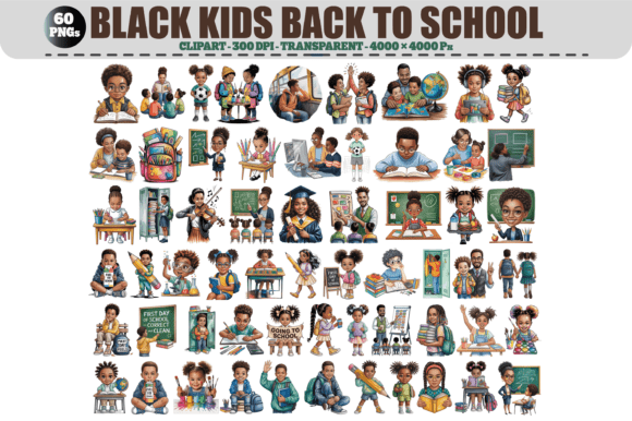 Black Kids Back to School – 60 PNGs: A Versatile Clipart Bundle for Educators and Creators