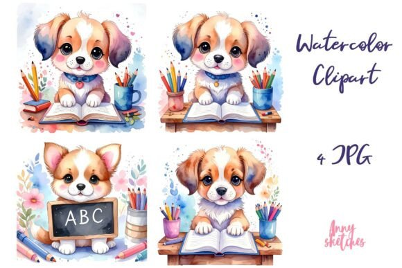 Studying Puppies at Desk Back to School: Adorable Clipart for Learning-Themed Projects